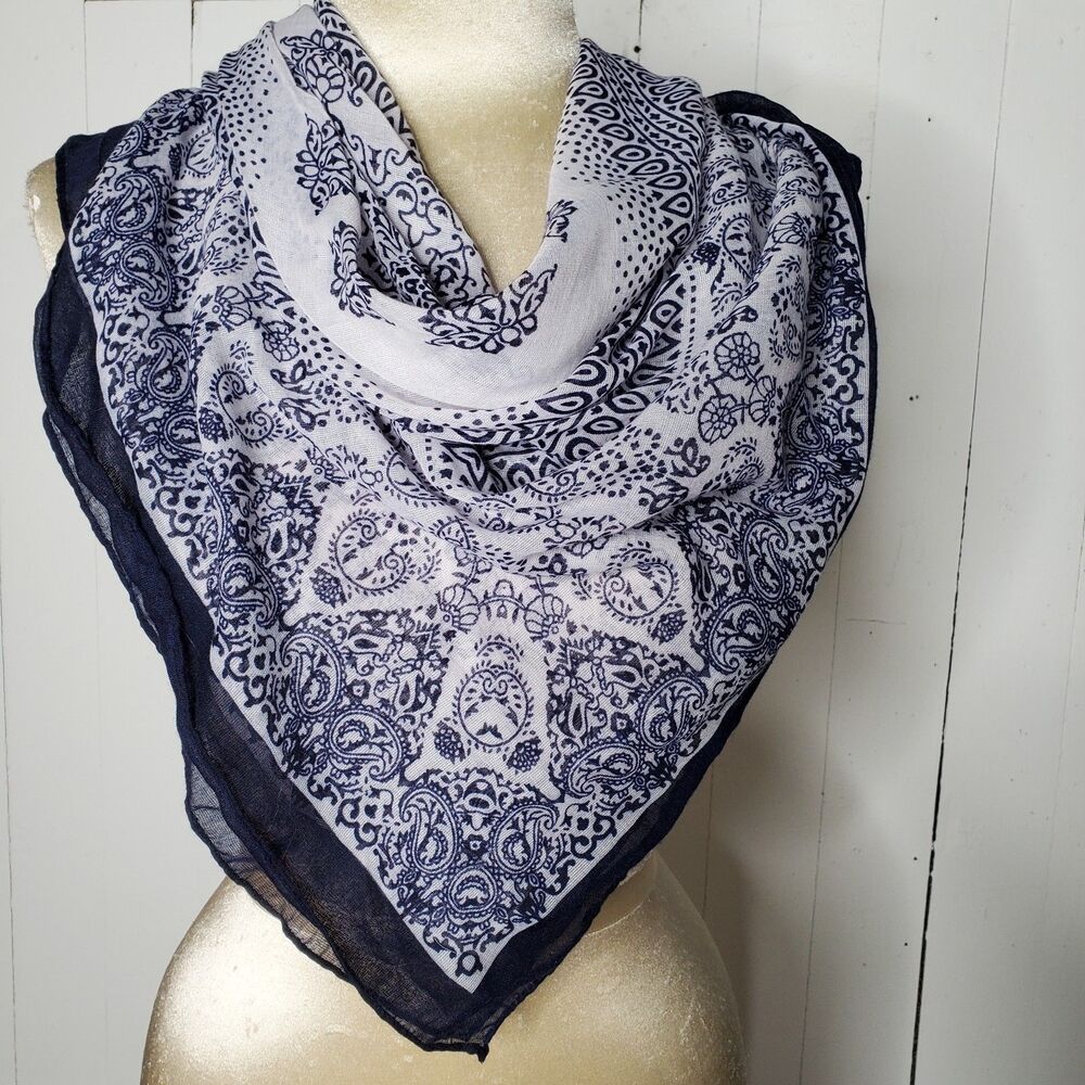 Scarf Blue White Paisley Square 39x37.5" Lightweight Reversible Boho Classic